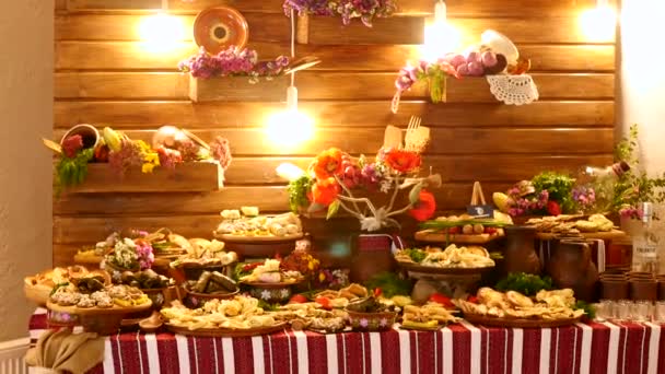 Buffet, tafel, voeding, feestzaal, fruit, vlees, — Stockvideo