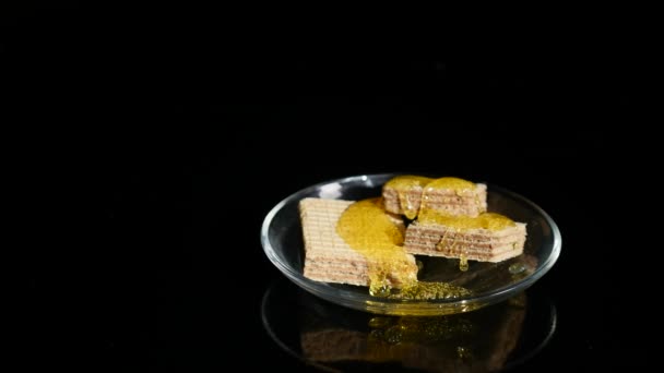 Waffeln mit Honig und Nüssen in einer Schüssel auf schwarzem Hintergrund — Stockvideo