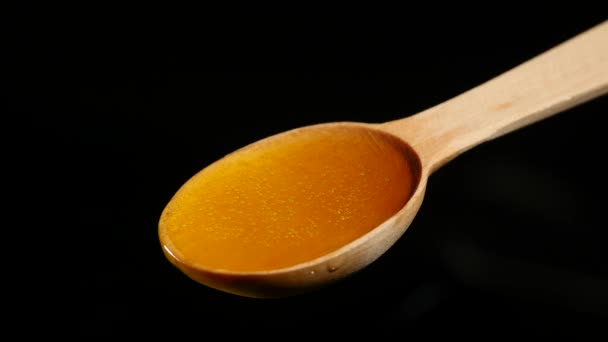 Honey dripping from a wooden spoon on black background — Stock Video