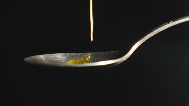 蜂蜜滴在黑色背景的不锈钢茶勺上 — 图库视频影像