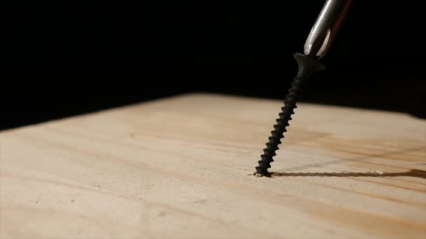 The man twists the screws into the boards using a screwdriver. — Stock Video