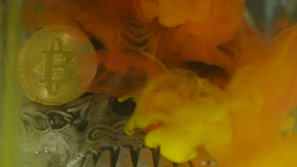 Череп в аквариуме и монета биткойн с желтыми и красными чернилами — стоковое видео