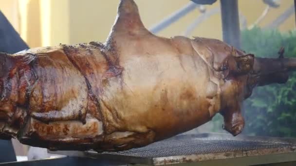 Een varken is gebakken op de kolen, roterende — Stockvideo