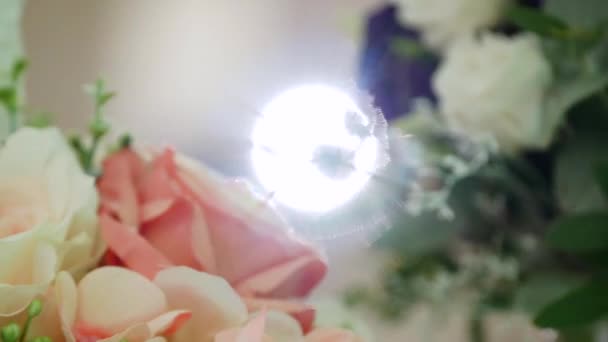 Wonderful wedding bouquet on table — Stock Video