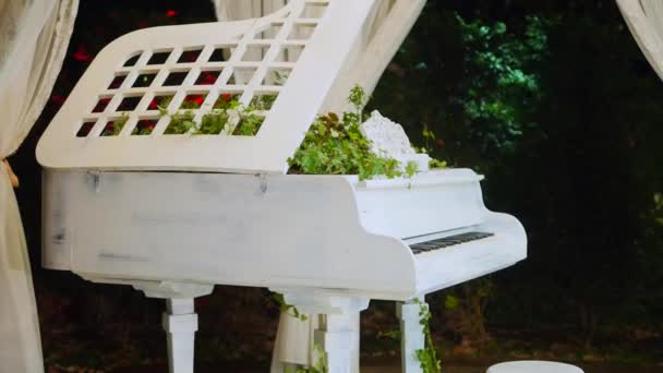 Vitt piano med blommor utanför — Stockvideo