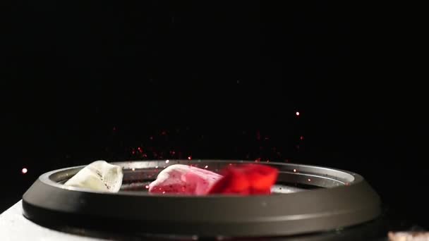 Altavoz de audio Subwoofer Vibraciones con brillo rojo y pétalos de rosas — Vídeos de Stock
