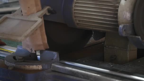 Εργαζόμενος σε καμουφλάζ πριόνισμα ξύλου στο μηχάνημα, πριόνισμα ξύλου σε μια κυκλική αργαλειό, το έργο του εργαστηρίου — Αρχείο Βίντεο