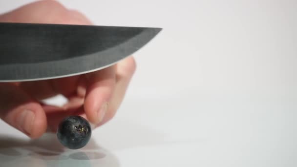 Kleine Traube auf weißem Hintergrund wird mit einem Messer geschnitten — Stockvideo