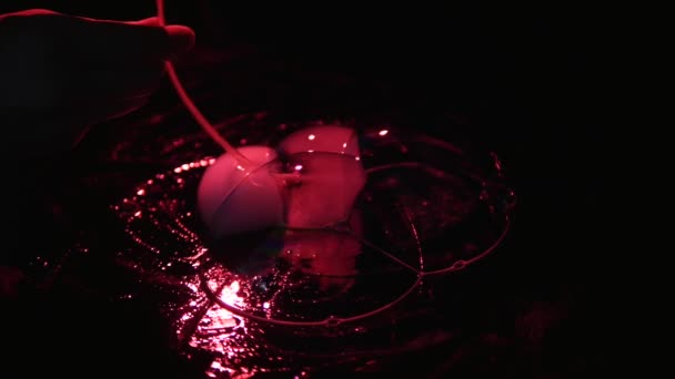 Close up red soap bubbles with smoke on black background — Stock Video