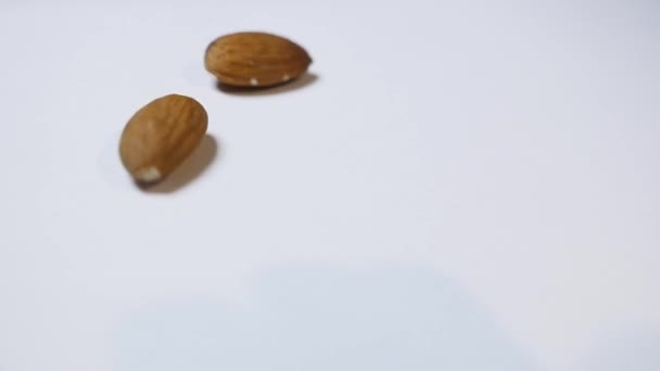 Almonds falling on white background — Stock Video