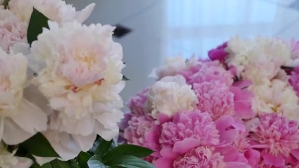 Primer plano, Ramo de flores en los rayos de luz, rotación, la composición floral consiste en rosas rosa en forma de pión. Belleza divina — Vídeos de Stock