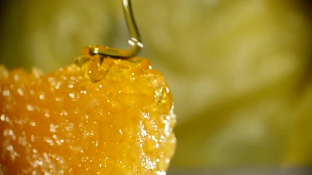 Honey dripping from honey dipper on honeycomb, over yellow background — Stock Video