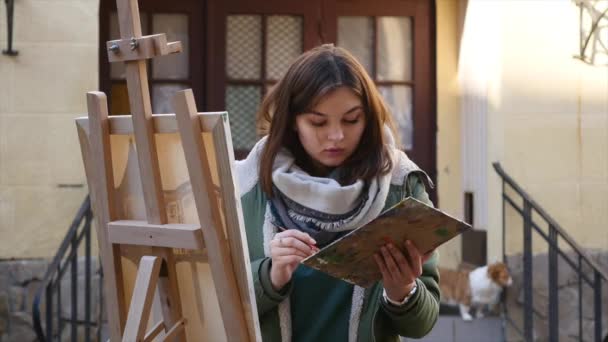 Jóvenes artistas dibujan en la ciudad. Artistas pintando cuadros en la calle. Los estudiantes pintan la construcción de la vieja ciudad europea — Vídeo de stock
