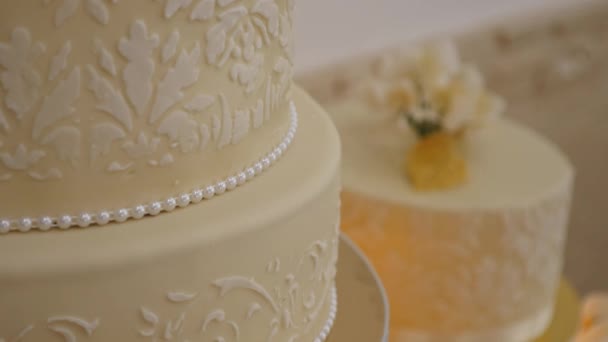 Eine Nahaufnahme einer wunderschön dekorierten Hochzeitstorte — Stockvideo