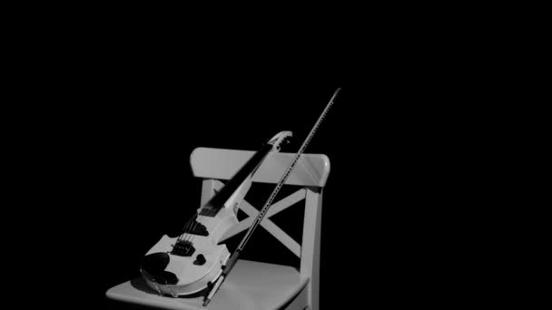 Λευκό βιολί σε μια λευκή καρέκλα σε μαύρο φόντο — Αρχείο Βίντεο