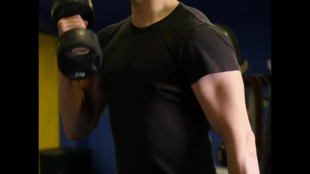 Handsome fit sporty man does dumbell curl exercises in gym — Stock Video