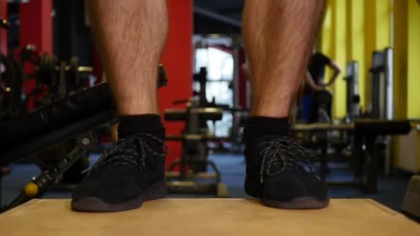 Gespierde man doen de squat oefening vak in sportschool — Stockvideo