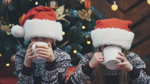 Vtipný bratr a sestra pití horké čokolády a dělat si legraci v útulném obývacím pokoji na Štědrý večer. — Stock video