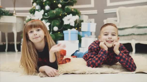 Gemelos jóvenes, hermano y hermana, felizmente felicitar a todos en la mañana de Navidad . — Vídeos de Stock