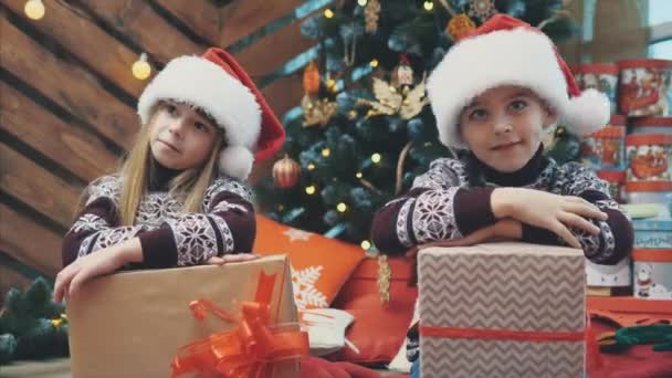 Alegre hermana y hermano mostrar los regalos que han conseguido para el Año Nuevo, mirando a la cámara, mover cabezas de lado a lado, complacido y encantado . — Vídeos de Stock