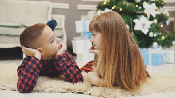 Lindos niños pequeños pasan un tiempo agradable juntos, comunicándose en la alfombra cerca del árbol de Navidad . — Vídeo de stock