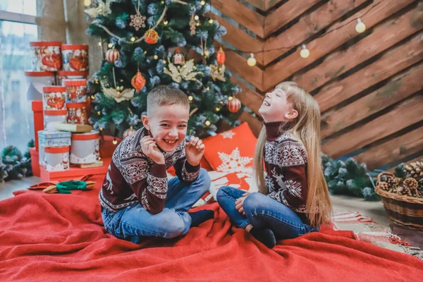 Perfekt bild där liten pojke och flicka skrattar, skämtar och har roligt tillsammans nära julgran. — Stockfoto