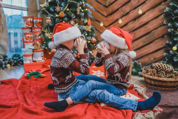 Foto de cuerpo completo de hermosos niños en sombreros de santa y suéteres de lana, sentados cerca del árbol de Navidad, con una taza de cacao, luciendo encantados y complacidos. . — Foto de Stock