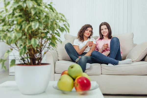 Piatto sfocato di mele e vaso di fiori in prima linea. Due giovani ragazze carine sedute sul divano con bicchieri di succo in mano, sullo sfondo — Foto Stock