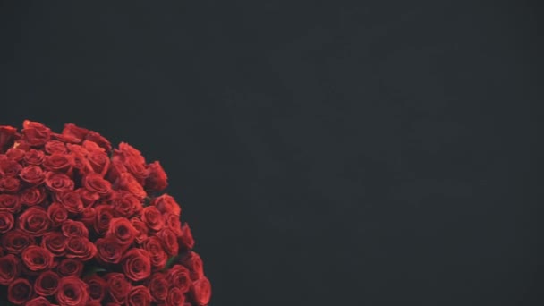 Joven agradable que aparece en el fondo negro con un gran ramo de rosas rojas, sonriendo, mirando las flores, y luego desapareciendo . — Vídeo de stock