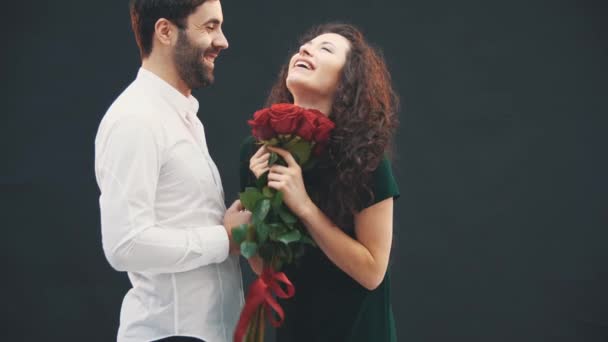 Handsome man made proposal his woman. She is extremely happy. They are hugging. — Stock Video