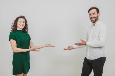 İş ortakları, erkek ve kadın, müşterilere bir proje sunar..