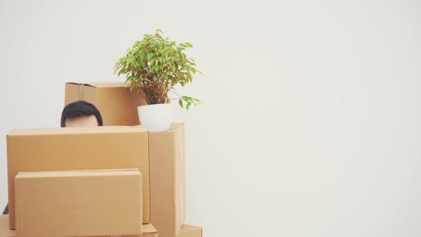 Joven gracioso está apareciendo detrás de la caja de cartón, mirando a su alrededor, mostrando las teclas, señalando el espacio de copia en el lado, levantando las cejas, desapareciendo . — Vídeos de Stock