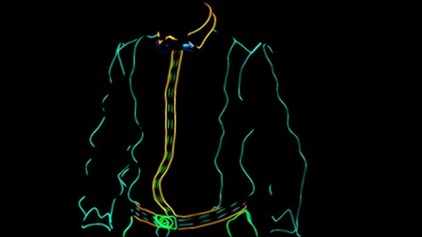 Spectacle barmen. Anime. Animation. Performance. Barman est habillé en uniforme néon sur fond noir. Au ralenti. 4K .