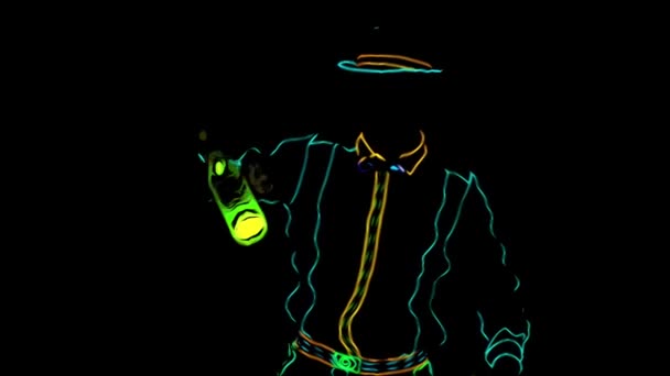 バーメン・ショーアニメ。アニメーション。パフォーマンスバーマンは黒を背景にネオンの制服を着ている。スローモーション。4k. — ストック動画
