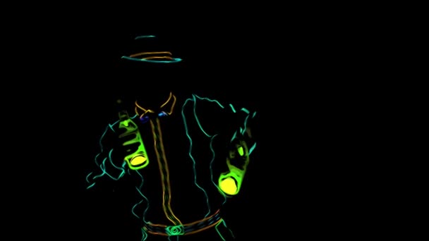 Barmannen laten zien. Een animatie. Animatie. Optreden. Barman is gekleed in neon uniform op zwarte achtergrond. Langzame beweging. 4k. — Stockvideo