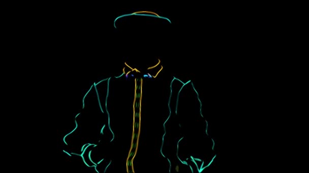 Barmannen laten zien. Een animatie. Animatie. Optreden. Barman is gekleed in neon uniform op zwarte achtergrond. Langzame beweging. 4k. — Stockvideo