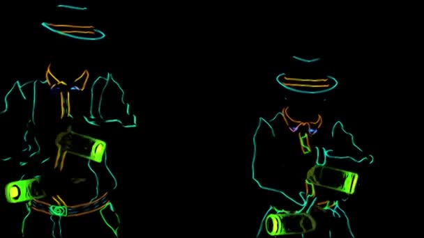Anime. Animação. Espectáculo de Barmen. Desempenho. Barmaid e barman estão dançando juntos, vestidos com uniforme de néon em fundo preto. Movimento lento. 4K . — Vídeo de Stock