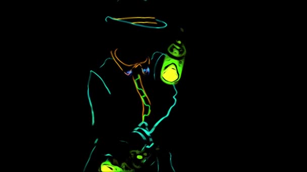 Barmannen laten zien. Een animatie. Animatie. Optreden. Barman is gekleed in neon uniform op zwarte achtergrond. Langzame beweging. 4k. — Stockvideo