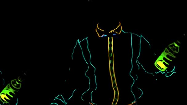 Barmen show. Anime. Animation. Performance. Barman is dressed in neon uniform on black background. Crop. Slow motion. 4K. — Stock Video