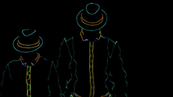 バーメン・ショーアニメ。アニメーション。パフォーマンスバルマイドとバーマンは黒を基調としたネオンの制服を着ている。交差した手で自信をバーのカップル。スローモーション。4k. — ストック動画