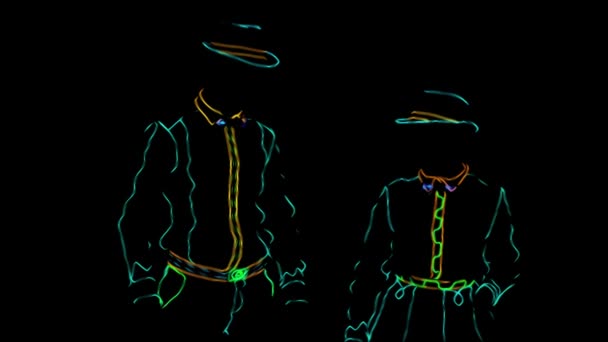 アニメ。アニメーション。バーメン・ショーパフォーマンスバルマイドとバーマンは一緒に踊り、黒を背景にネオンの制服を着ている。スローモーション。4k. — ストック動画