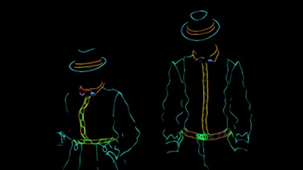 Anime. Animace. Barmanská show. Výkon. Barmanka a barman tančí spolu, oblečeni v neonové uniformě na černém pozadí. Zpomal. 4k. — Stock video
