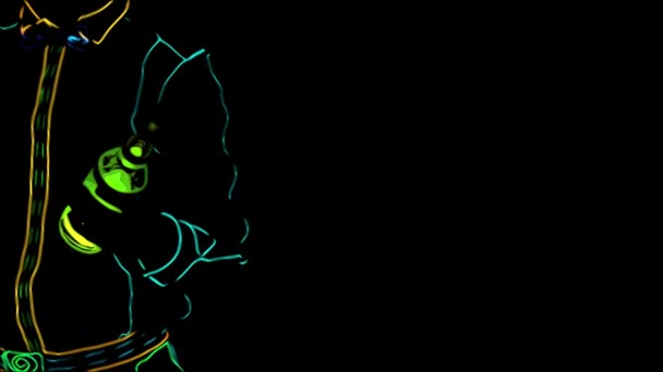 Spectacle barmen. Anime. Animation. Performance. Barman est habillé en uniforme néon sur fond noir. Espace de copie. Au ralenti. 4K .