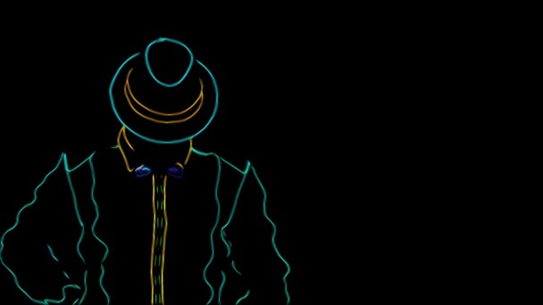 Pokaz barmanów. Anime. Animacja. Przedstawienie. Neonowy barman appers w kapeluszu i skrzyżowane ręce, na czarnym tle. Zwolnij trochę. 4k. — Wideo stockowe