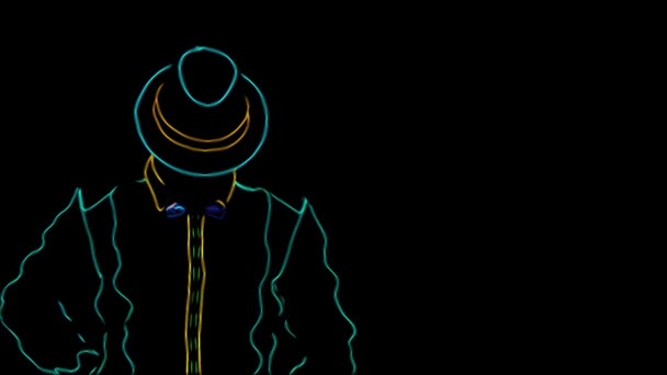 Spectacle barmen. Anime. Animation. Performance. Barman appers néon au chapeau et mains croisées, sur fond noir. Au ralenti. 4K .