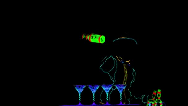 バーメン・ショーアニメ。アニメーション。パフォーマンスボトルジャグリング。黒い背景だ閉めろスローモーション。4k. — ストック動画