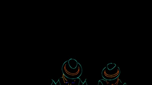 Шоу барменов. Аниме. Анимация. Выступление. Барменша и бармен танцуют вместе, одетые в неоновую форму на черном фоне. Медленное движение. 4K . — стоковое видео