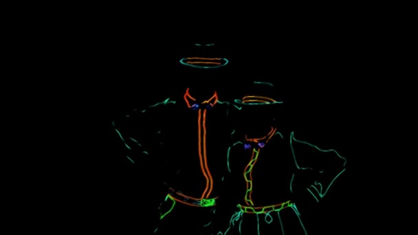 Spectacle barmen. Anime. Animation. Performance. Barmaid et Barman dansent ensemble, habillés en uniforme néon sur fond noir. Au ralenti. 4K . — Video