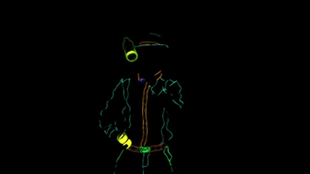Barmanská show. Anime. Animace. Výkon. Barman, oblečený v neonové uniformě, žongluje, na černém pozadí. Zpomal. 4k. — Stock video
