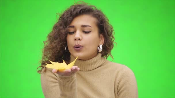 Atractiva chica afroamericana está sonriendo ampliamente. La chica está soplando una pequeña licencia de otoño. Ella está mostrando la belleza del otoño. De cerca. Copiar espacio . — Vídeos de Stock